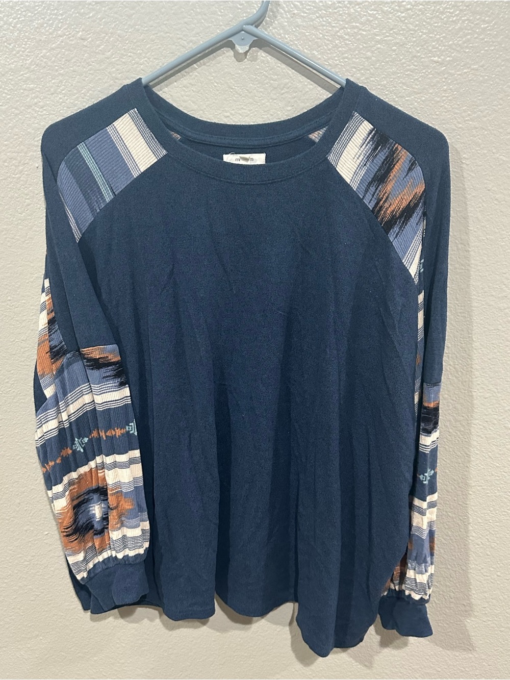 Blue Long Sleeve Top with Patterned Sleeve Panels